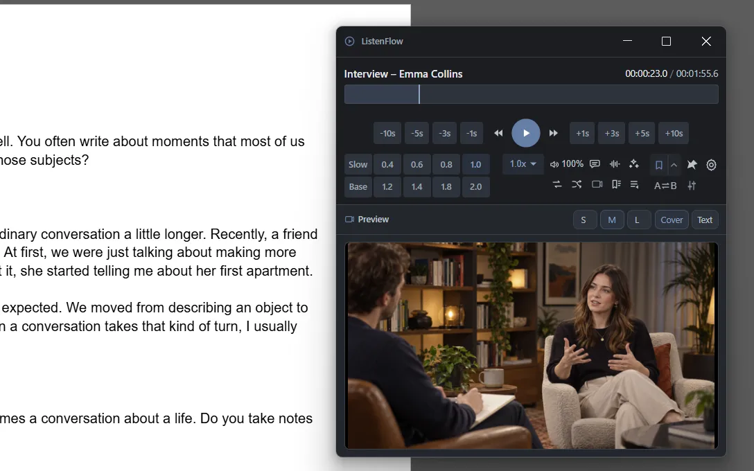 A ListenFlow window with a video preview, placed at the top right of an editor showing a transcript draft.